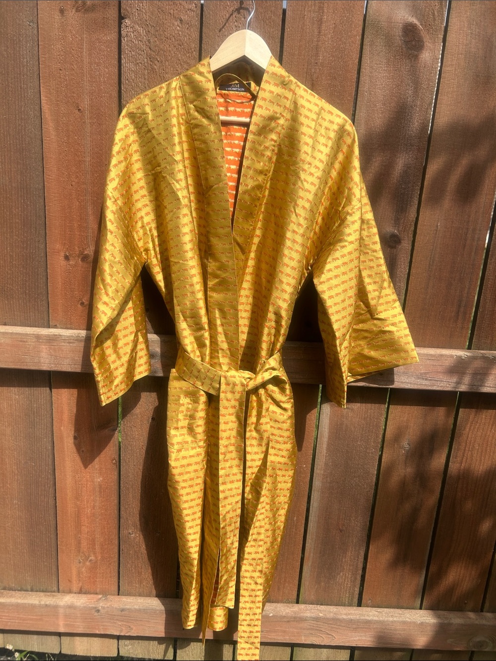 Vintage Jim Thompson Elephant Print Silk Gold Unisex Kimono Robe